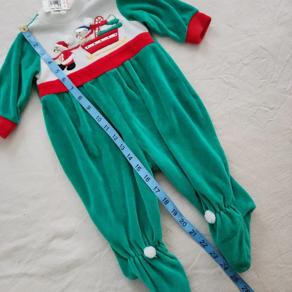 Vintage Deadstock Sleigh Bears Velour Footed PJs 3-6 months